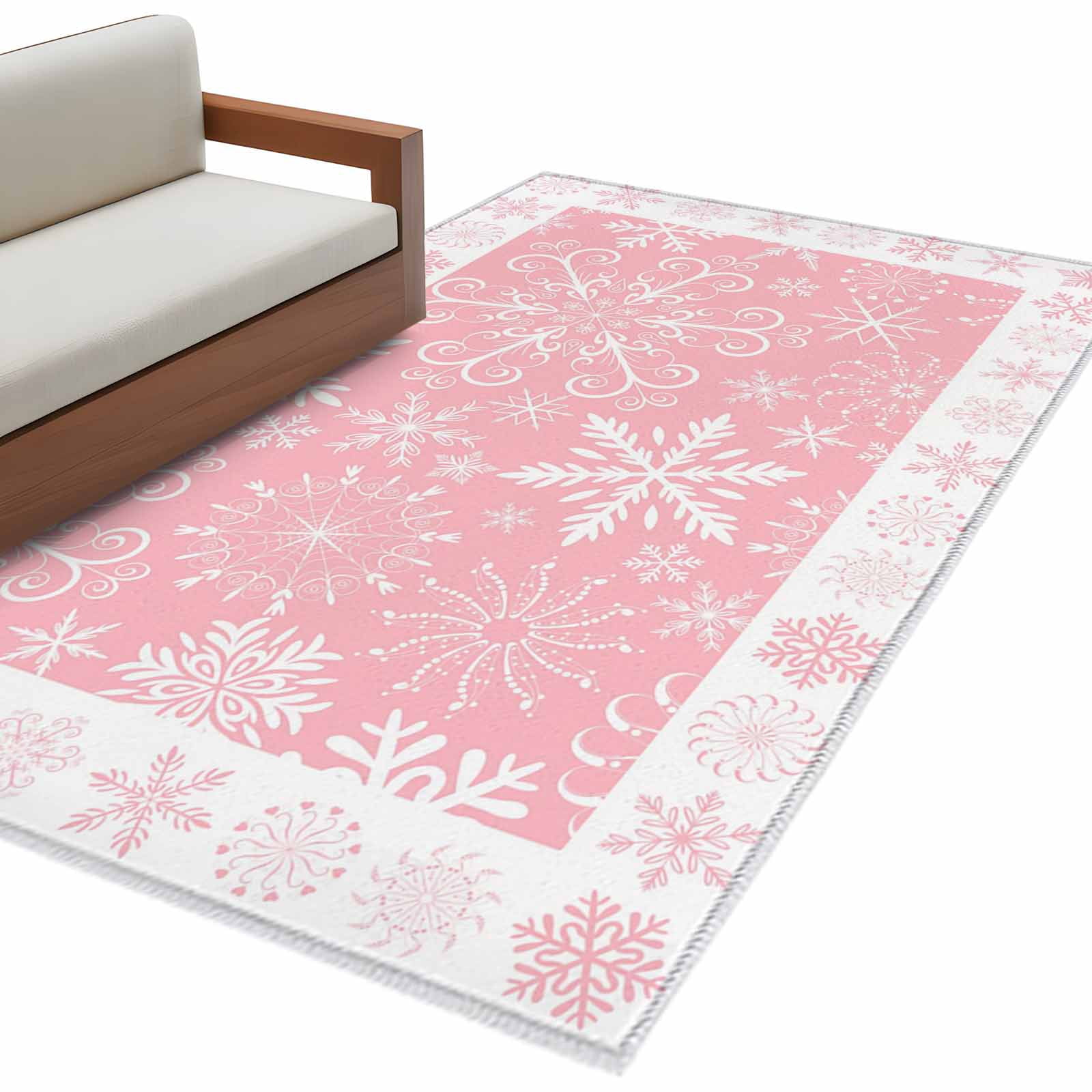 Snowflakes Christmas Area Rug 3x5 Washable Rug Non Slip Pink Xmas Winter Vintage Large Area Rug Indoor Floor Carpet for Entryway Bedroom Kitchen Living Room Home Office Dining Room Nursery