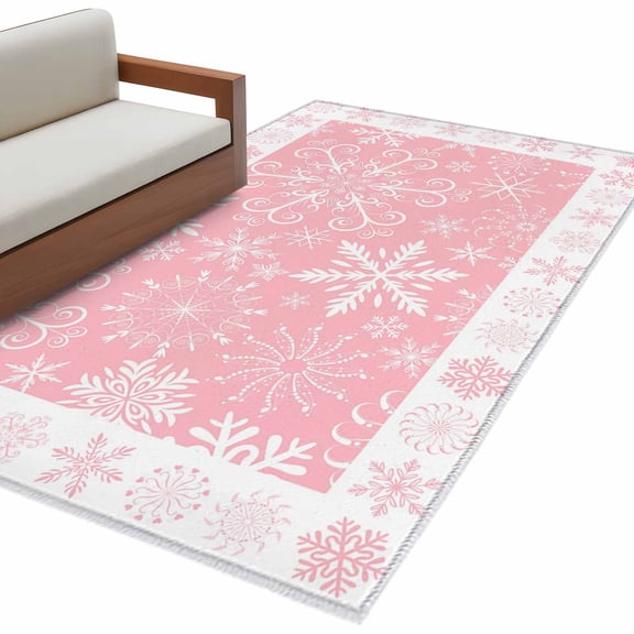 Snowflakes Christmas Area Rug Washable 3x5 Entryway Rug Non-Slip Indoor Low Pile Pink Xmas Winter Vintage Floor Carpet Small Rugs for Bedroom Office Living Room Kitchen Entrance Nursery