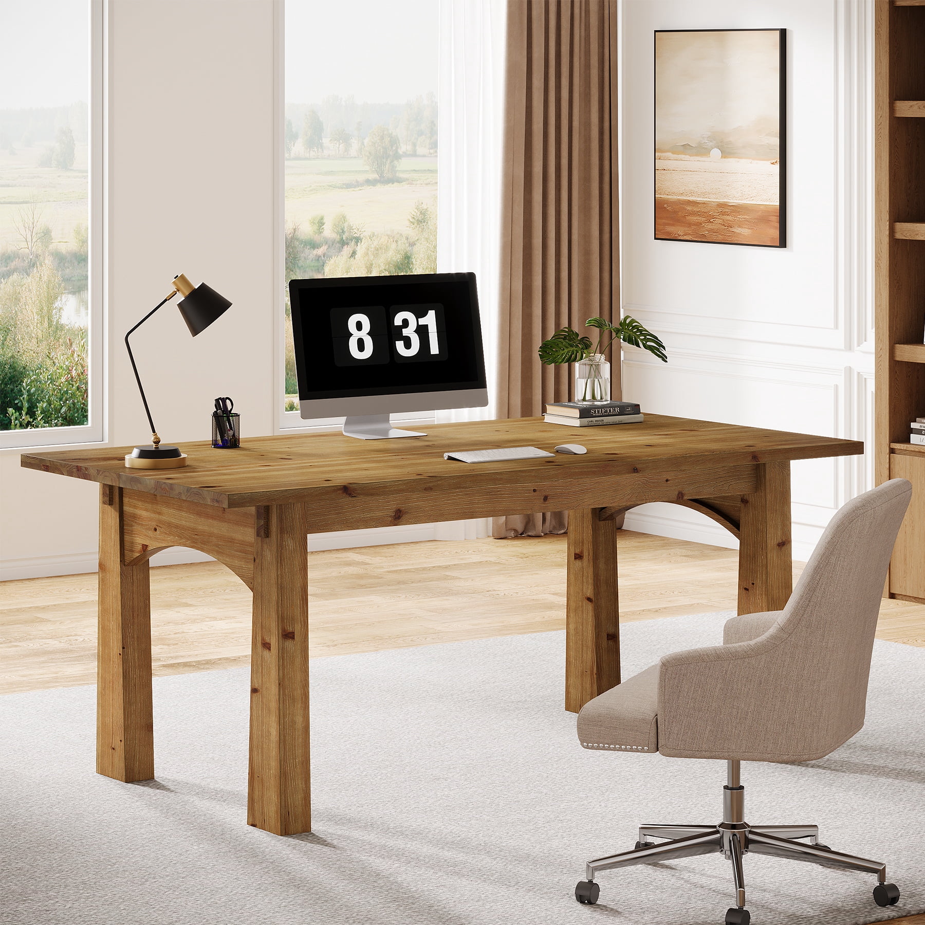 Solid Wood Executive Desk, 63" Farmhouse Home Office Computer Desk Writing Table Conference Table