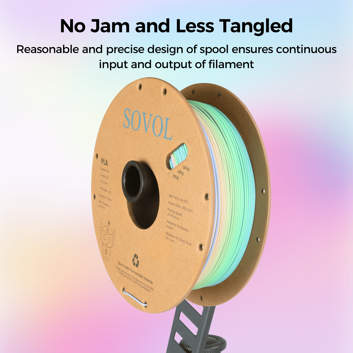Sovol 3D Printer Matte Multicolored Fast Change Rainbow PLA 1kg (2.2 lbs) Spool 3D Printing Materials, Dimensional Accuracy +/- 0.03 mm, 1.75 mm, Matte Macaron Rainbow