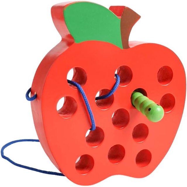 Juguetes de madera para enhebrar manzanas con cordones, bloques de encaje de madera, juguetes de juego de viaje con forma de rompecabezas