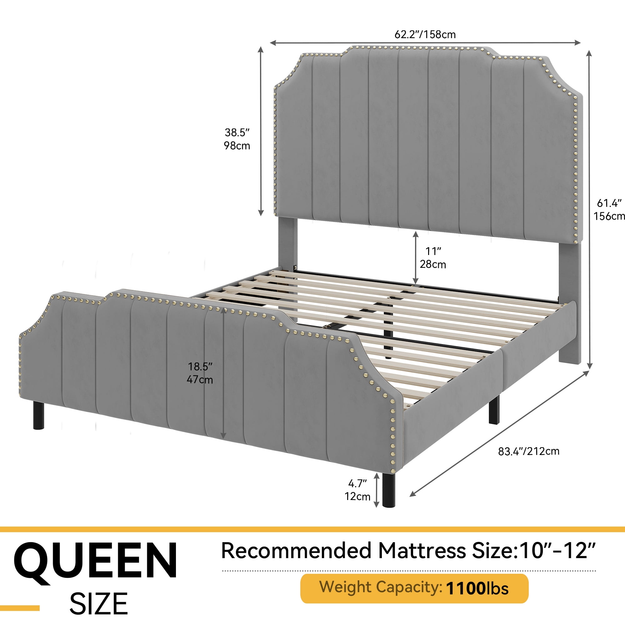 Dextrus Upholstered Queen Bed Frame, Easy Assembly Platform Bed with 61.4'' Headboard and Wooden Slats, No Box Spring Required (Gray)