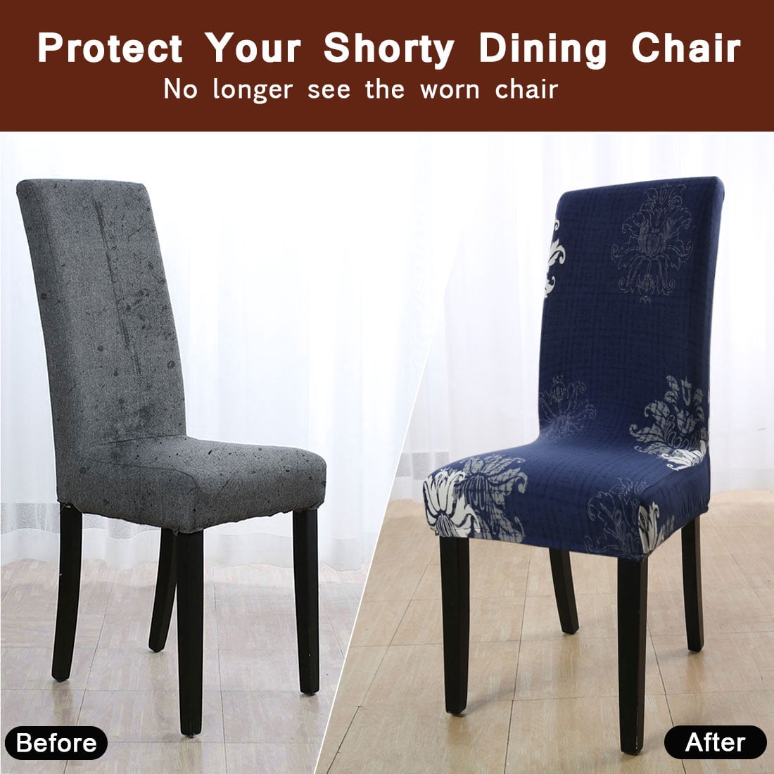 Unique Bargains Stretch Floral Print Dining Chair Cover Navy Blue and White M