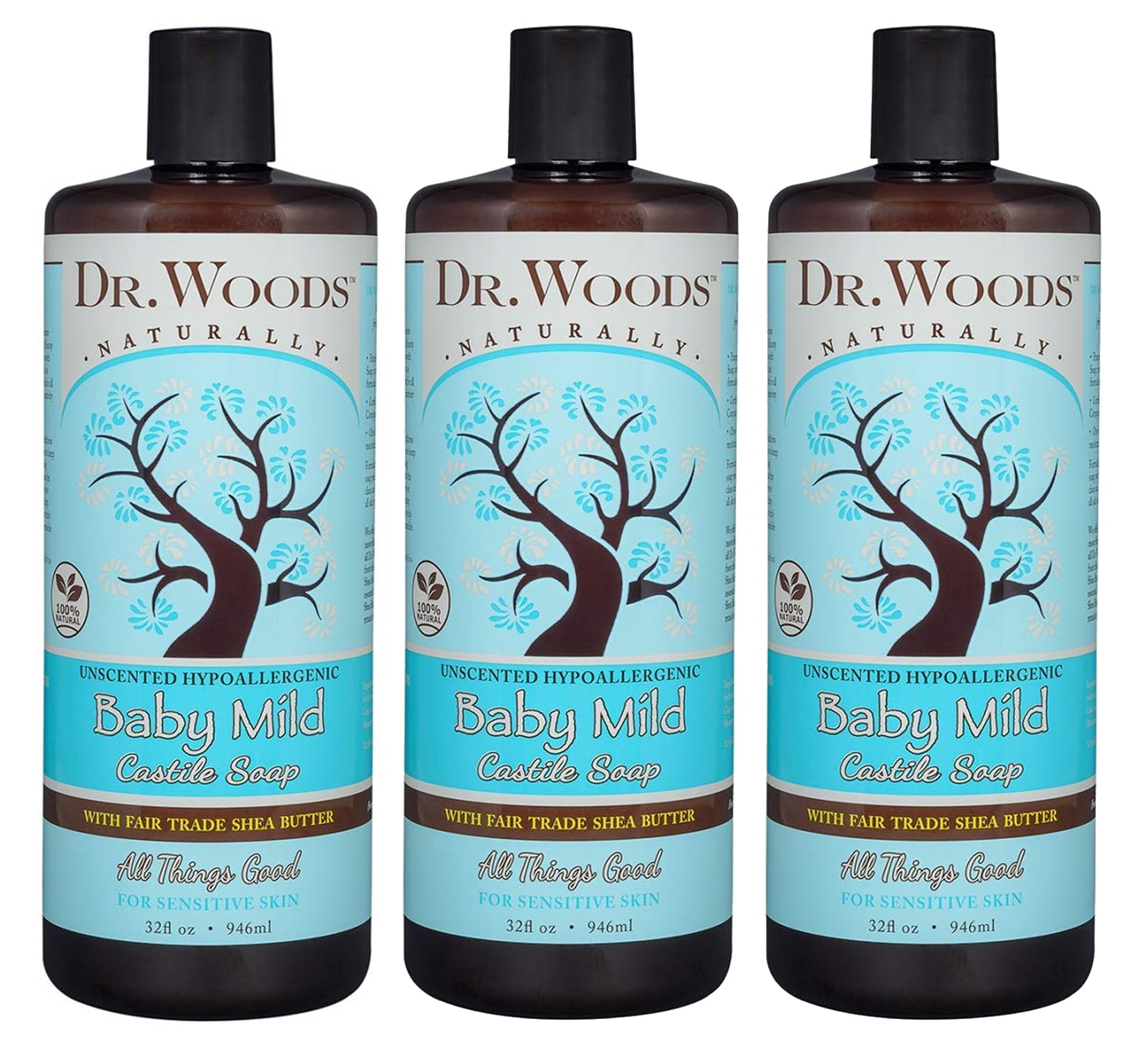 Dr. Woods Baby Mild Unscented Liquid Castile Soap with Organic Shea Butter, 32 Ounce (Pack of 3)