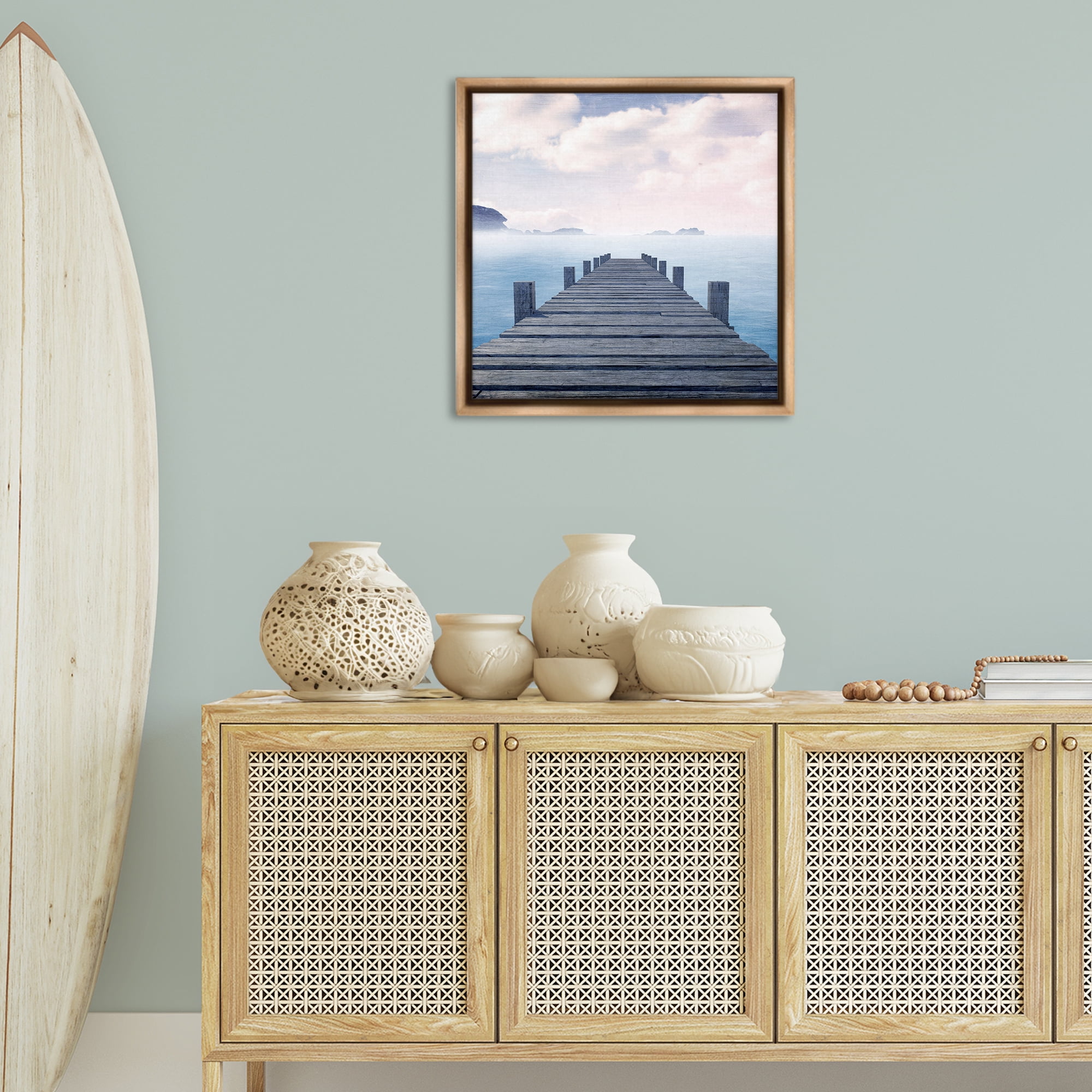Stupell Industries Clouds over Sea Dock Nautical & Beach Painting Brown Floater Framed Canvas Art Print Wall Art, 25 x 25