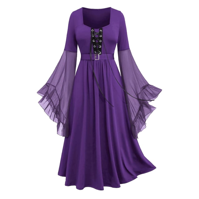 Amzcrzy Robes pour Femmes Couleur Unie Robes Maxi à Cordon Vintage Tunique à Manches Longues Robe Médiévale pour Femmes m