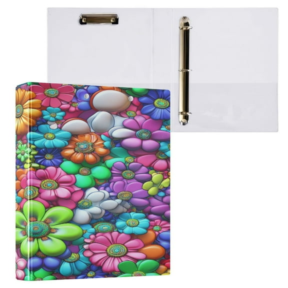 Colorful Cartoon Flowers3 Ring Hardcover Binders 1.5in Round Rings for Letter-Size Folder Paper Organizer Pockets for Office Student Recipe