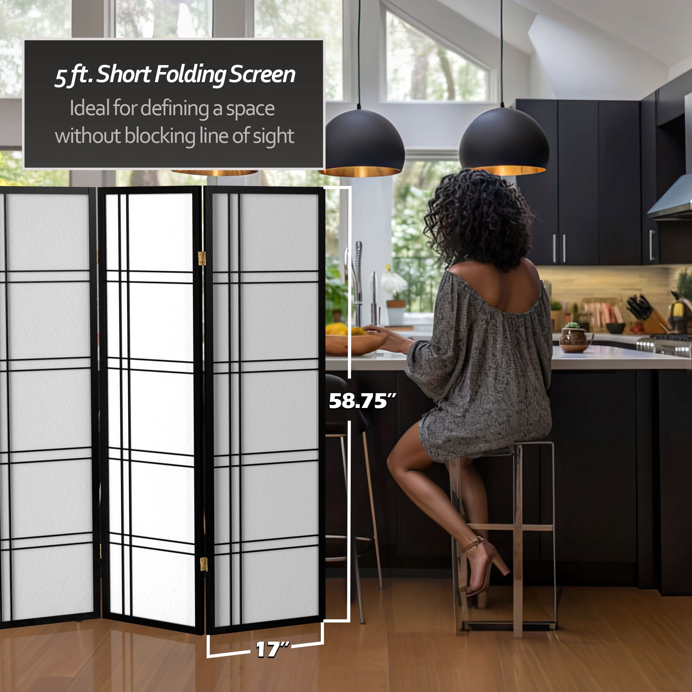 5 ft. Tall Black Japanese Double Cross Lattice Freestanding Shoji Screen - 3 Panels