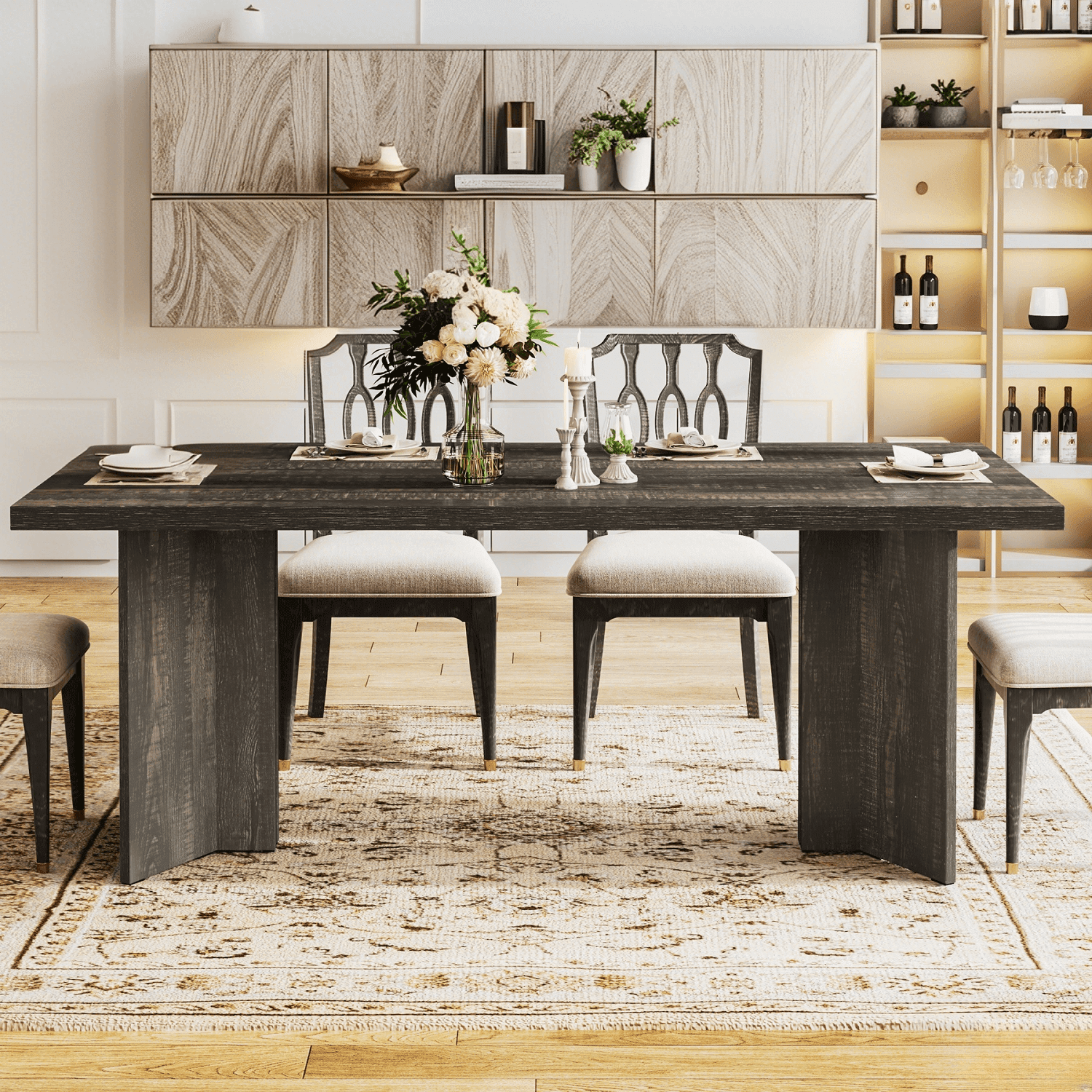 Finmind 63" Dining Table for 4-6, Wood Farmhouse Kitchen Table for Dining Room, Gray