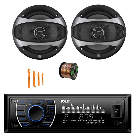Pyle PLRMR27BTB Single DIN Bluetooth Marine MP3/USB/SD/AM/FM Stereo Receiver, 2x 6.5" 100 Watt Max Power 2-Way Car Audio Speakers with Wire, Dash Removal Tool
