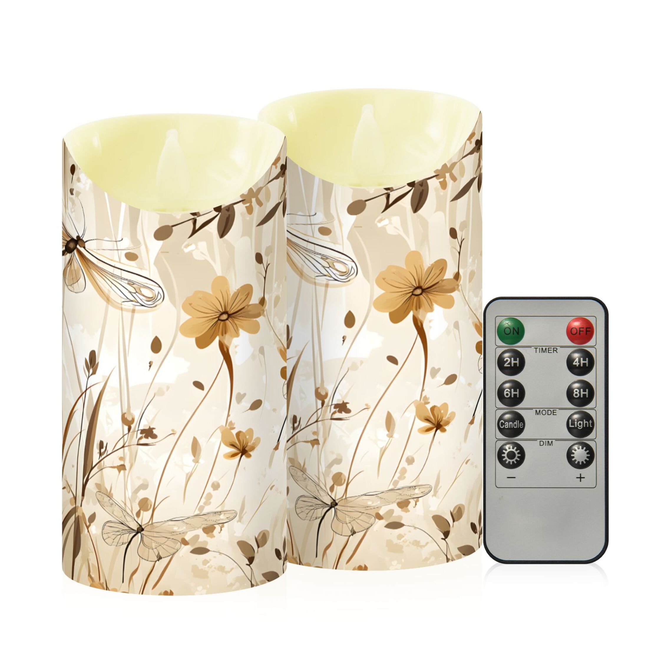 Dragonflies and Flowers Flameless Candles 2 PCS with Remote Realistic Moving Flame LED Tapered Pillar Set for Home Decor
