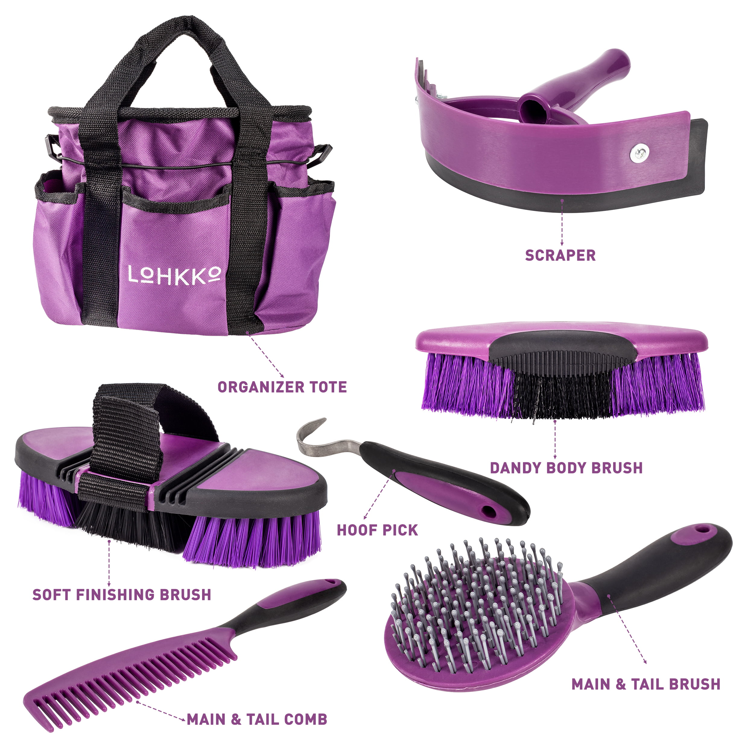6 Pc Horse Grooming Kit Mane Brush & Comb Sweat Scraper Brushes Hoof Pick & Bag 