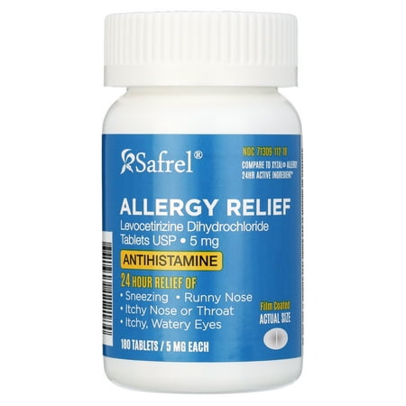 Safrel Allergy Relief Medication Levocetirizine Dihydrochloride 5mg (180 Count), 24hr Fast Acting Non Drowsy, Antihistamine Relieves Runny Nose, Watery Eyes, Sneezing