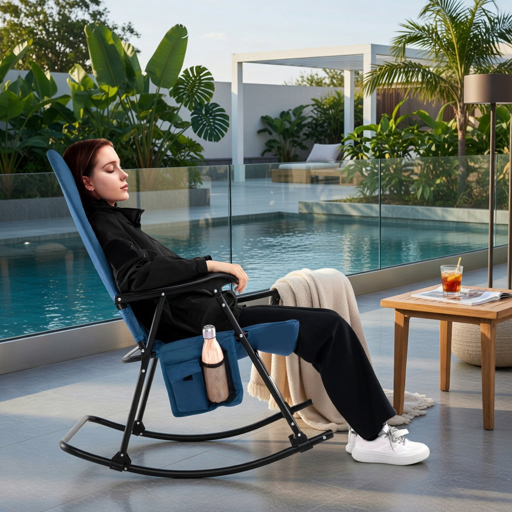Hommoo Premium Foldable Rocking Camping Chair with Padded Backrest, Armrests, Cup Holder & Side Pocket, Outdoor Patio Chair, Navy
