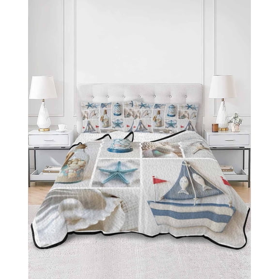 Quilts Queen Size, Blue Oceans Beach Soft Comforter Bedding Set for Bed, Nautical Coastal Starfish Seashell Lightweight Quilted Bedspread with Pillow Cover(2 Pieces) for All Season, 90x96 Inch