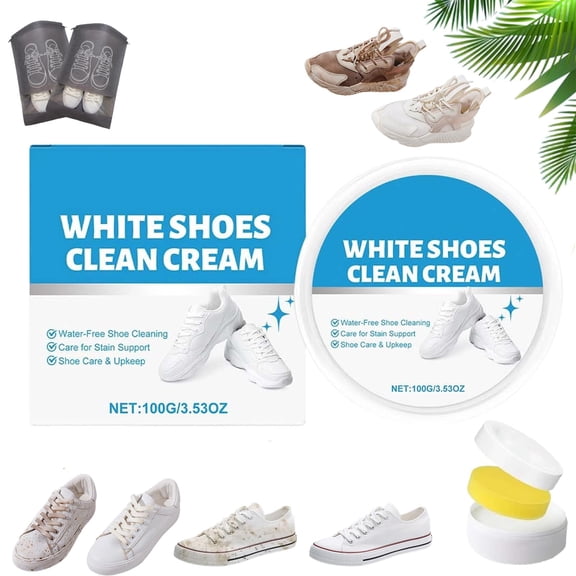 Gentle No-Rinse Shoe Cleaner & Whitening Cream, 2026 White Shoe Clean Cream with Sponge, Multi-Effect Shoes Stain Remover (1Pc)