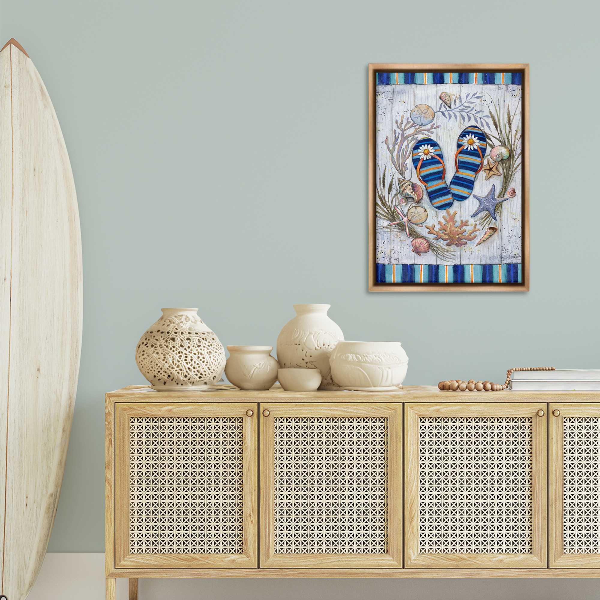 Stupell Industries Coastal Wreath & Flip Flops Nautical & Beach Painting Brown Floater Framed Canvas Art Print Wall Art, 21 x 31