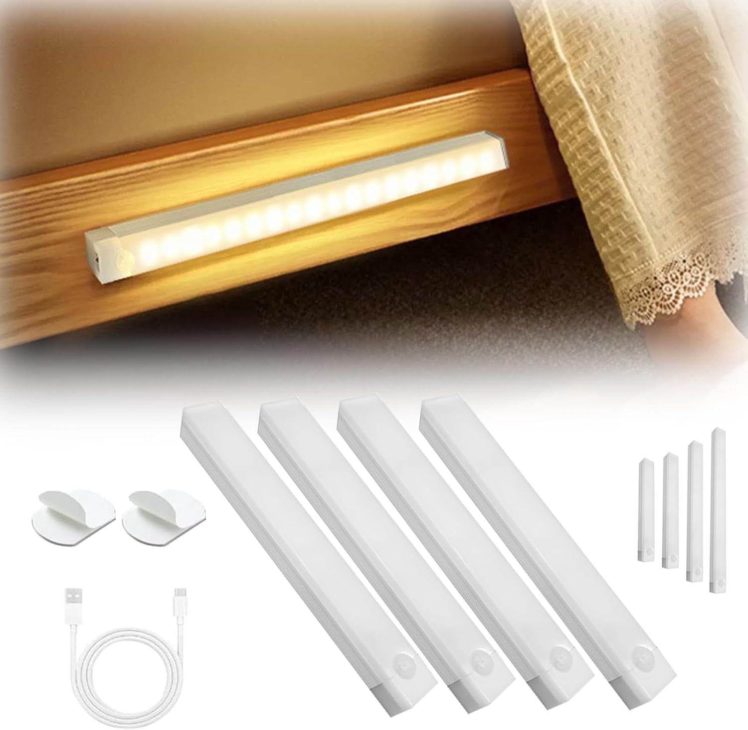 Punch-Free Smart Sensor Magnetic Rechargeable LED Lights,3.93/7.87/11.81/19.68 Inch Under Cabinet Lighting with Motion Sensor,Wireless,Cool White & Warm White for Kitchen,Stairs,Wardrobe