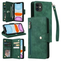 Feishell for Apple iPhone 11 Wallet Case with Wrist Strap,Premium PU Leather Zipper Pocket Magnetic Buckle Folio Flip ID Credit Card Slots Shockproof Kickstand Phone Case for Women Men,Green