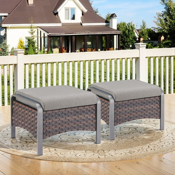 POCASSY Wicker Outdoor Ottomans Set of 2, Brown All Weather Woven Wicker Patio Ottoman Footstool for Porch Deck Backyard, Gray