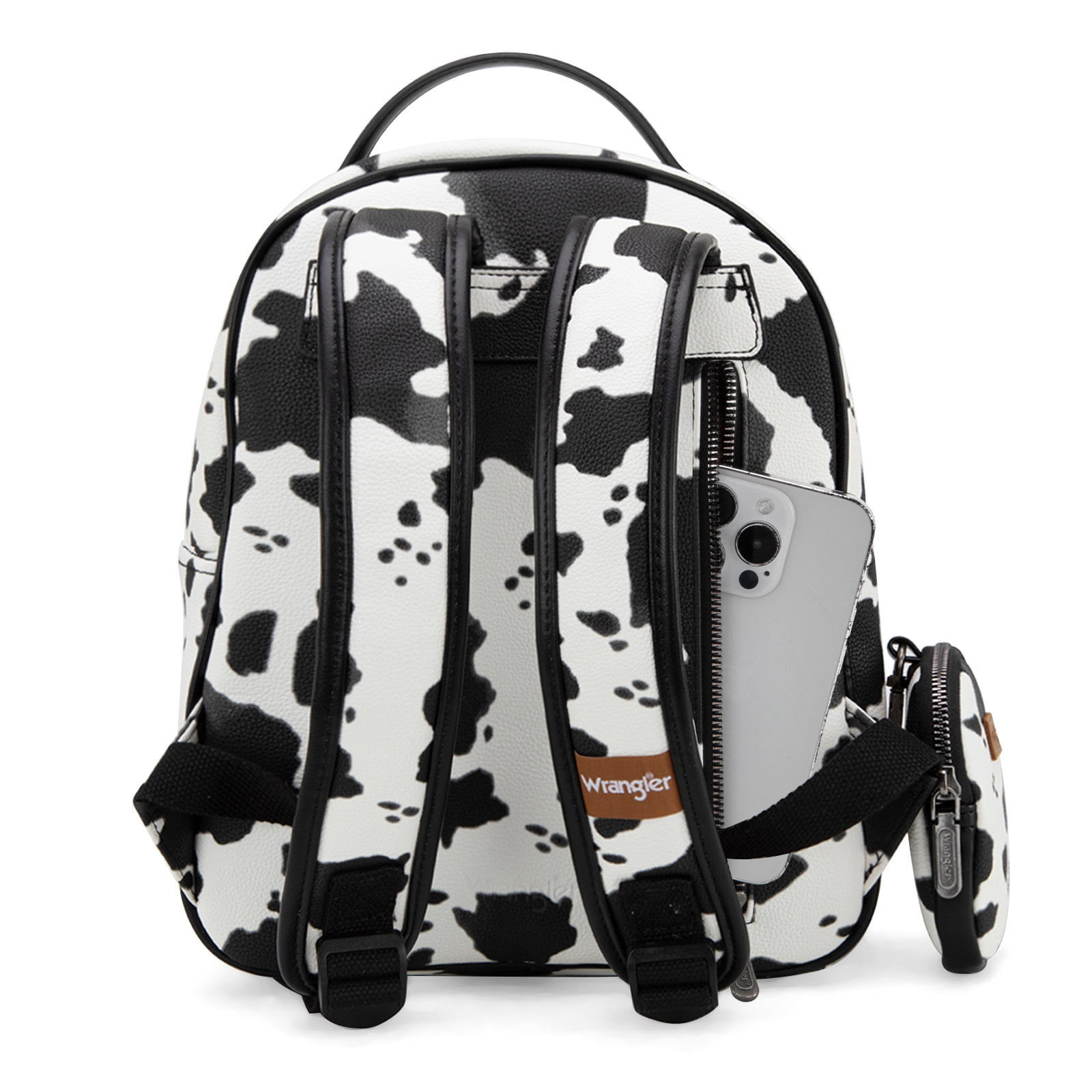 Wrangler Mini Backpack Cute Cow Print Backpack Purse for Women, Allover Cow Print Black
