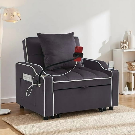 Upholstered Futon Sofa Bed 3-in-1 with USB Charging, Cup Holder & Phone Stand, Convertible Sleeper, Gray