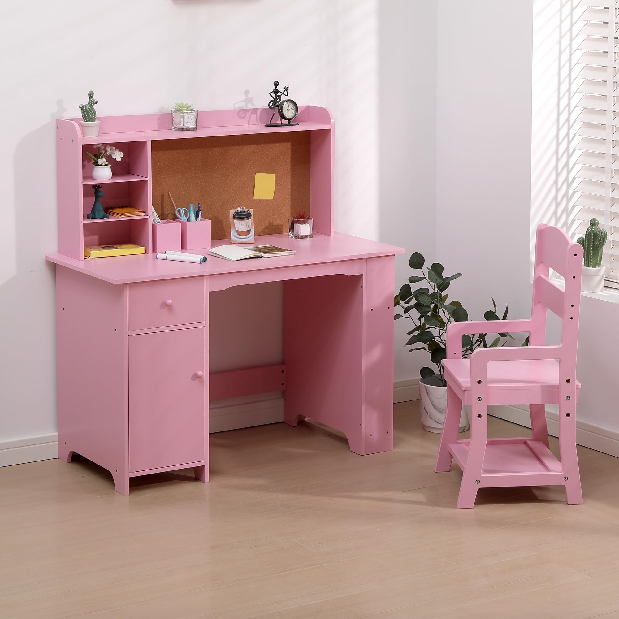 Juiluna Kids Desk and Chair Set, Wooden Study Table with Storage Shelf, Bulletin Board, Children School Learning Desk Set, Writing Table for Boys and Girls, Pink/White