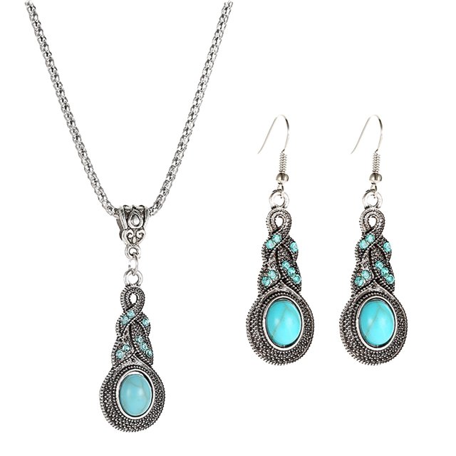 Turquesa y Vintage Teardrop Azul Bohemio - Collar Pendientes Boho Turquesa Occidental Dangling para Mujeres Dangle Girls Sets Pendientes Sets