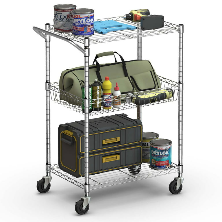 Costway 3-Tier Utility Cart Heavy Duty Wire Rolling Cart w/Handle Bar Storage Trolley