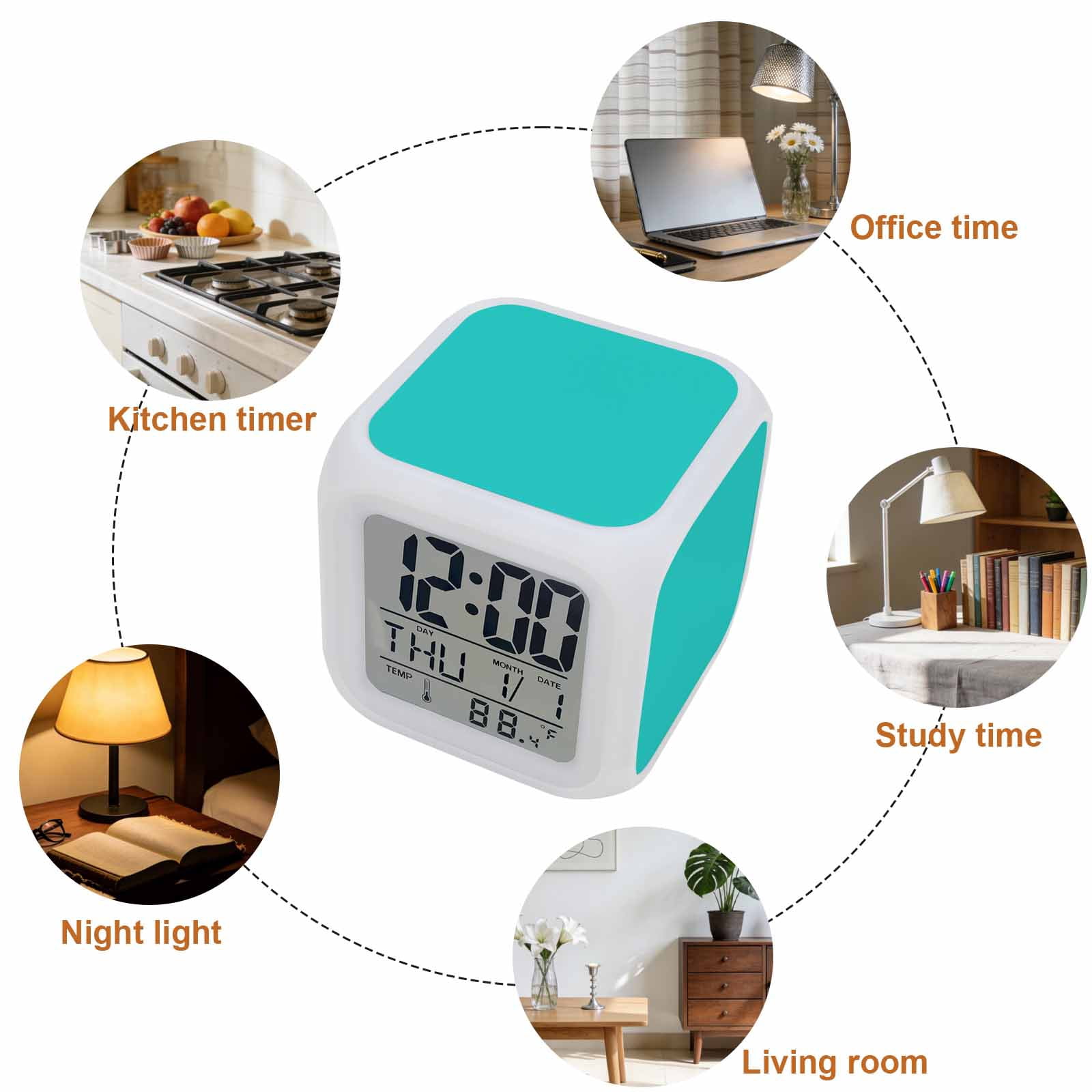 Turquoise Digital Alarm Clock for Bedrooms, Smart LED Alarm Clock with 7 Color Changing Night Light, Modern Pure Turquoise Silent Wake Up Clocks for Sleep Study Cooking 3.2"x3.2"