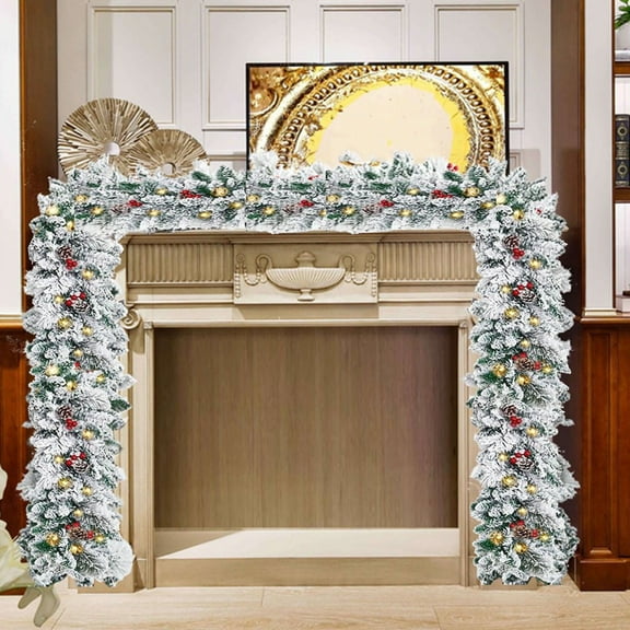 71 Inch Pre-Lit Christmas Garland - Flocked Rattan with 30 LEDs & Pinecones for Fireplace/Mantel (Snow & Berry Design)