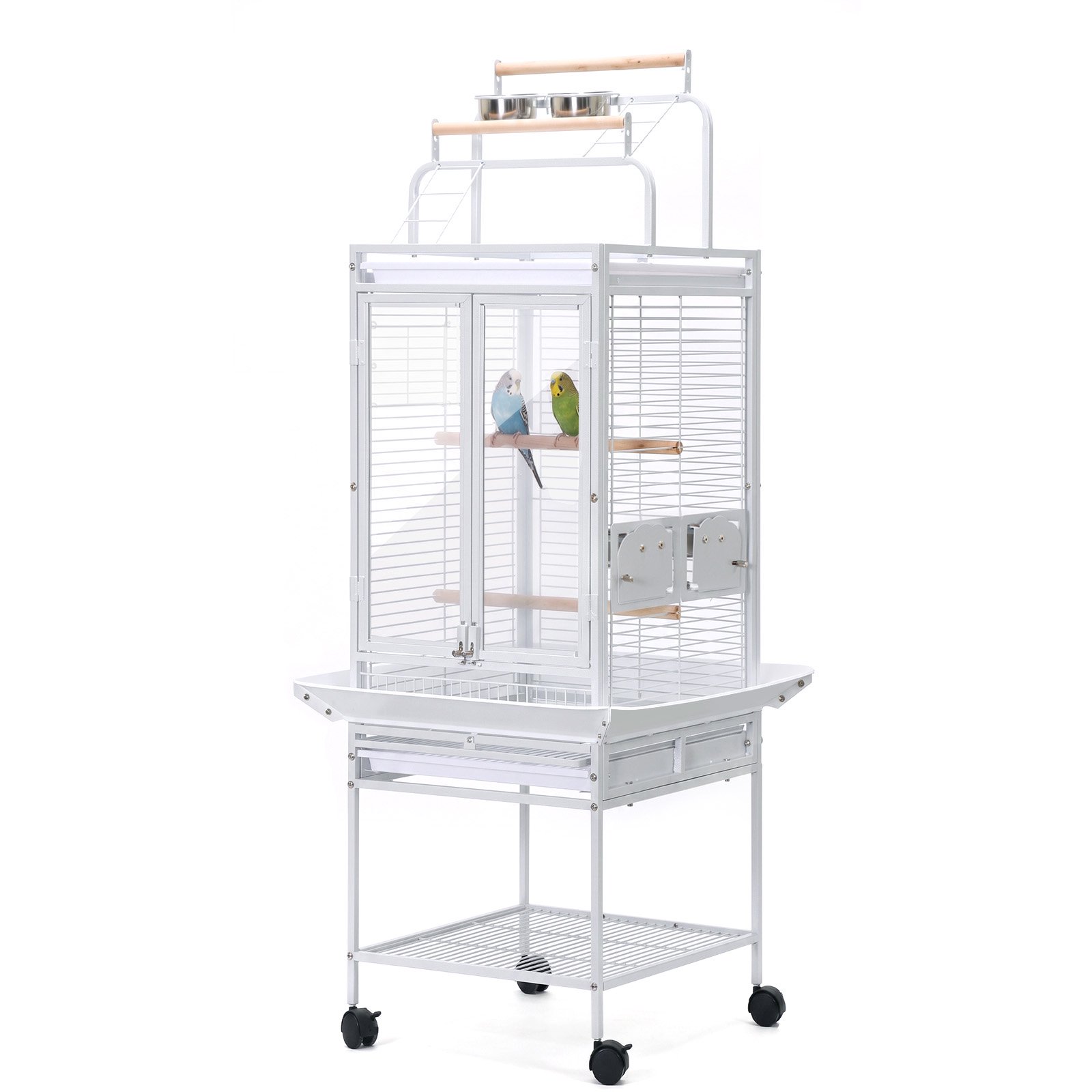 60 Inch Tall Rolling Metal Bird Cage Aviary with Stand, Indoor/Outdoor, for Parrots & Parakeets - Perch & 2 Feed Bowls Included
