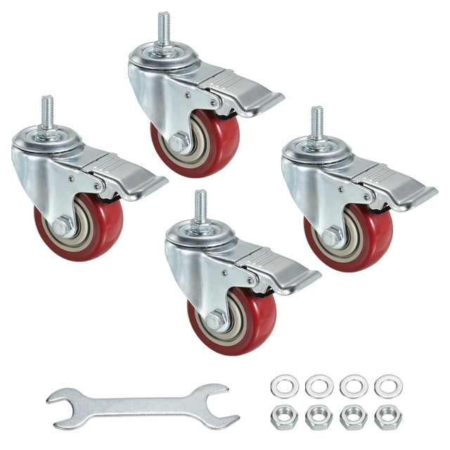 Unique Bargains Roulettes Pivotantes à Tige Filetée 3 Pouces M10x25mm Roue en PU avec Frein Charge 88lbs, Rouge 4 Pcs