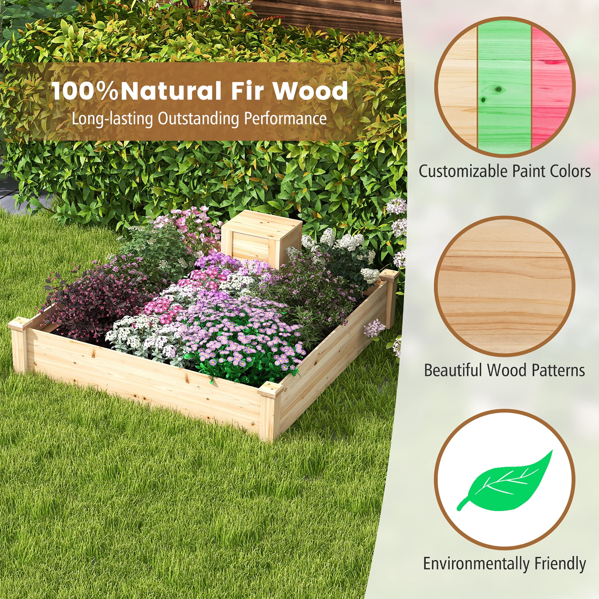 Gymax Raised Fir Wood Garden Bed 49" x 49" x 10" Open Base Garden Bed w/ Composting Bin