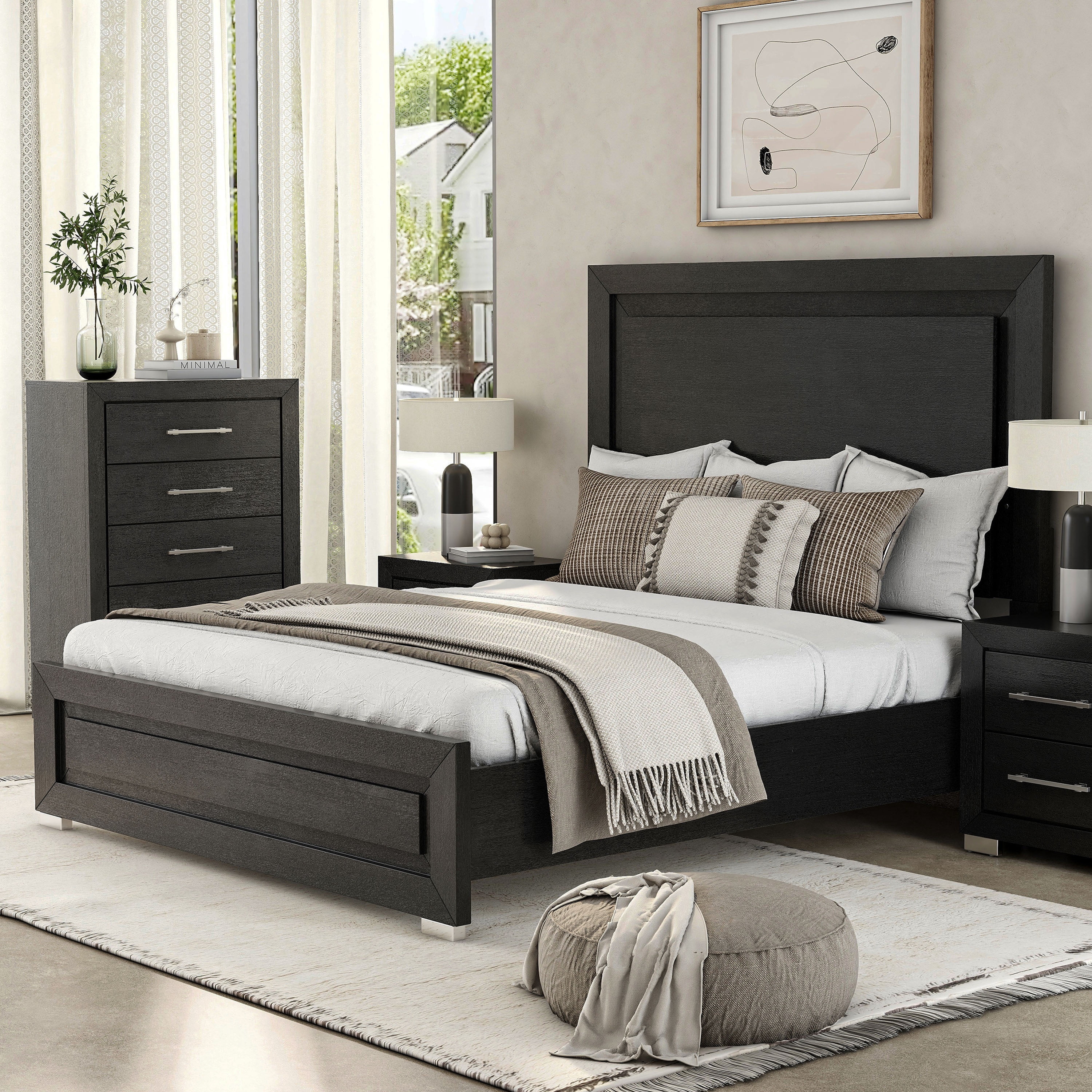 Furniture of America Bennett King Solid Wood Panel Bed with LED Light Headboard, Black