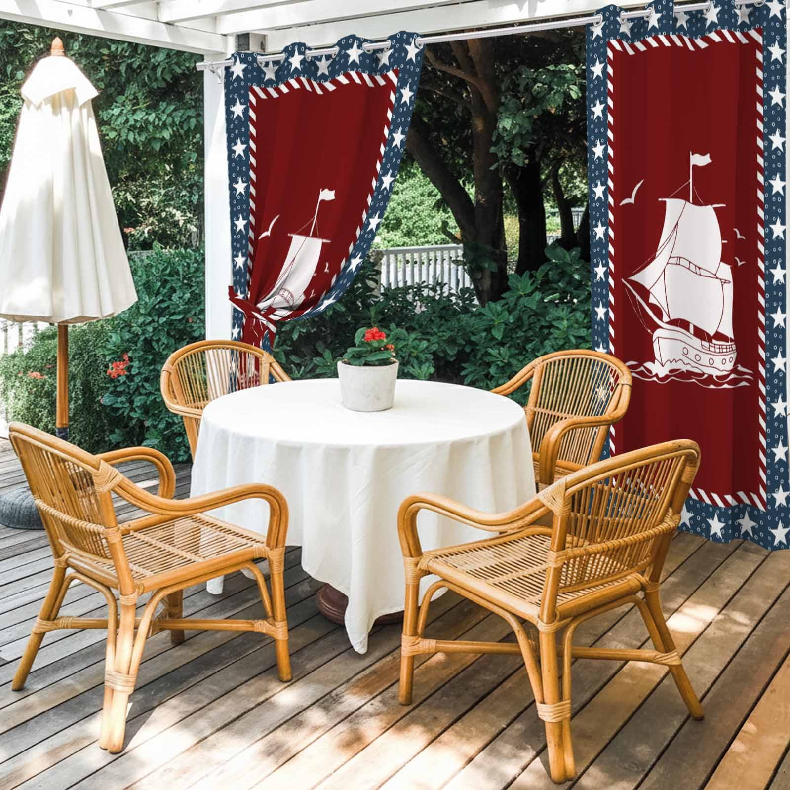 Independence Day Outdoor Curtains for Patio, America Flag Star Ocean Coastal Seaships Seagull Sunshade Privacy Drapes Grommet Waterproof Outside Curtains for Porch/Cabana/Balcony 54"x 108", 1 Panel