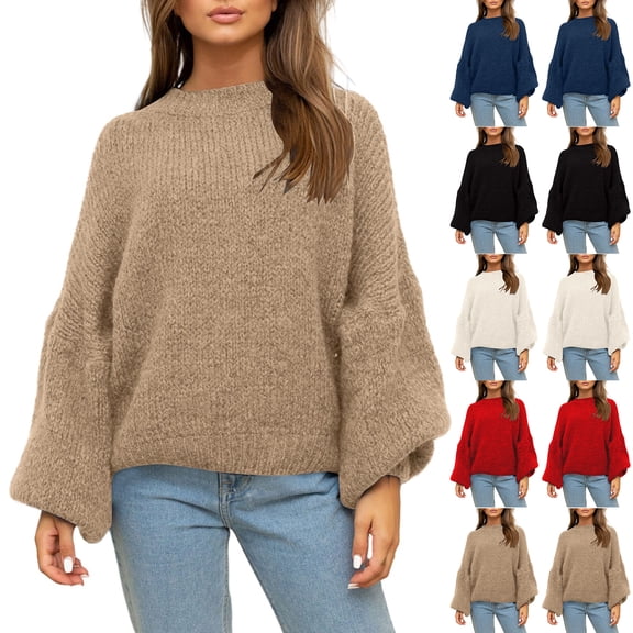 Wutalume Women's Casual Solid Color Loose Knit Sweater, Everyday Comfort Top, Soft Long Sleeve Pullover for Relaxed Wear and Lounging,Beige L