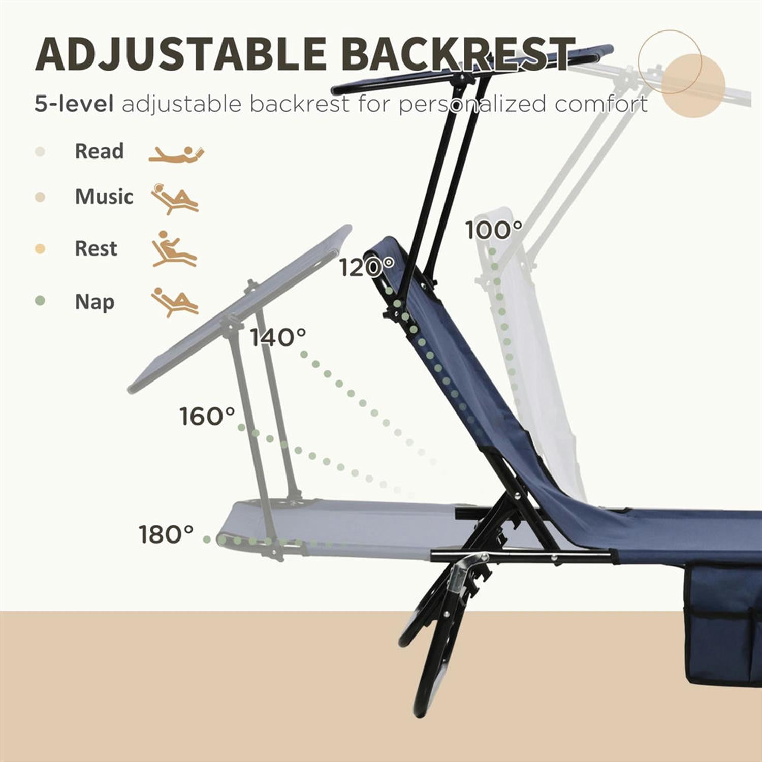 Demi Bonn Outdoor Folding Chaise Lounges Set of 2 with Canopy, Steel Frame, Side Pockets, Reclining Sun Chairs for Beach, Yard, Patio, Blue