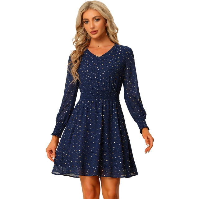 Vestido de mujer Allegra K gasa con cintura fruncida y manga larga con estrellas brillantes Azul oscuro S