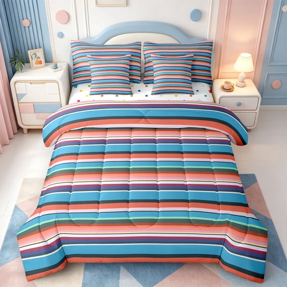 Erosebridal Modern Geometric Pattern 7-Piece Twin Bedding,Minimalist Stripes Bedding Comforter Set,Polkadot Reversible