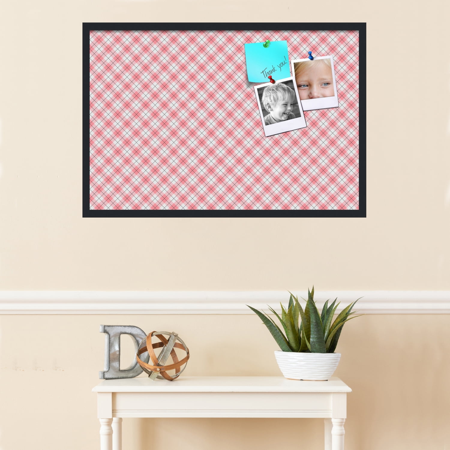 PinPix ArtToFrames 34x22 Custom Cork Bulletin Board Argyle Light Pink   Poster Board Has a Fabric Style Canvas Finish, Framed in Satin Black (PinPix-649)