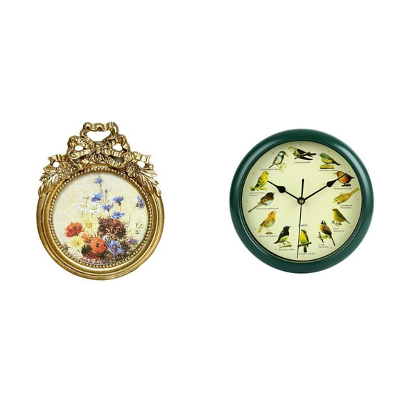 Marco de fotos redondo,Pequeño cuadro vintage dorado para pared,Marco de fotos de resina redondo y decorativo adornado,Reloj de pared,Reloj de pared decorativo con pájaros cantores