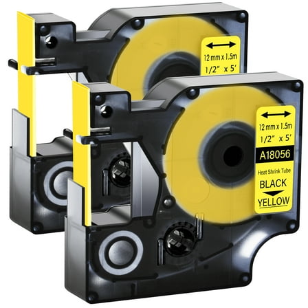 GREENCYCLE 2PK Industrial Rhino Heat Shrink Tubes Compatible for DYMO 18056 12mm 1/2" Black on Yellow Cable Label Tape