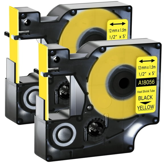 GREENCYCLE 2PK Industrial Rhino Heat Shrink Tubes Compatible for DYMO 18056 12mm 1/2" Black on Yellow Cable Label Tape