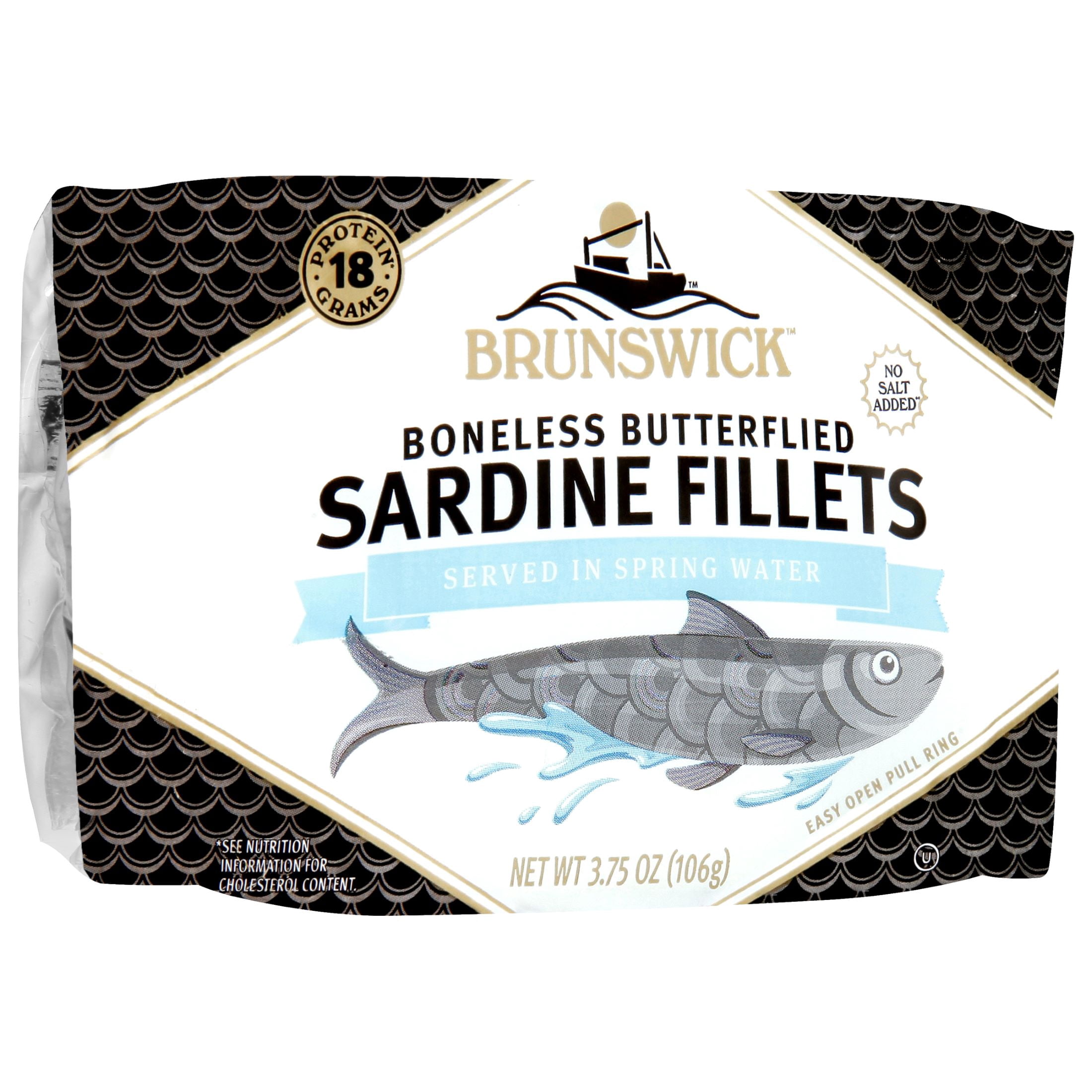 Brunswick Sardines in Spring Water, 3.75 oz Can - Boneless Butterflied Sardine Fillets - Wild Caught - 18g Protein per Serving - Gluten Free, Keto Friendly