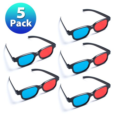 Insten 5 Pack Black Frame Red Blue 3D Glasses For Dimensional Anaglyph Movie Video Game DVD HDTV LCD LED TV Home Theater