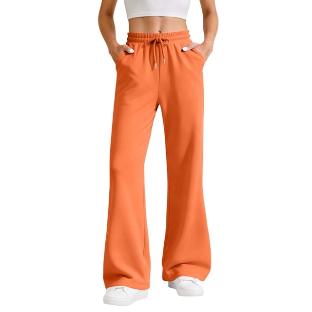 Amzcrzy Pantalones de Sudadera para Mujer de Pierna Ancha Suaves - Pantalones Casuales de Cintura Alta con Cordón Elástico, Color Sólido Clásico, con Bolsillos y Corte Acampanado, Tallas S-2XL Naranja