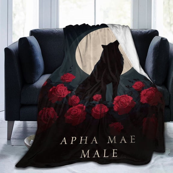 Gothic Dark Romance Wolf Throw Blanket, Full Moon & Red Rose Fantasy Art Soft Flannel Fleece, Aesthetic Decor for Bedroom and Reading Nook 50x40
