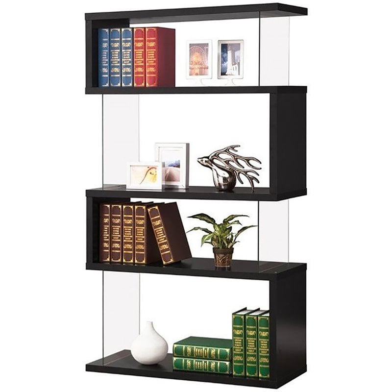 4 Shelf Ignacio Geometric Bookcase, Black Bookcase Glass Shelves