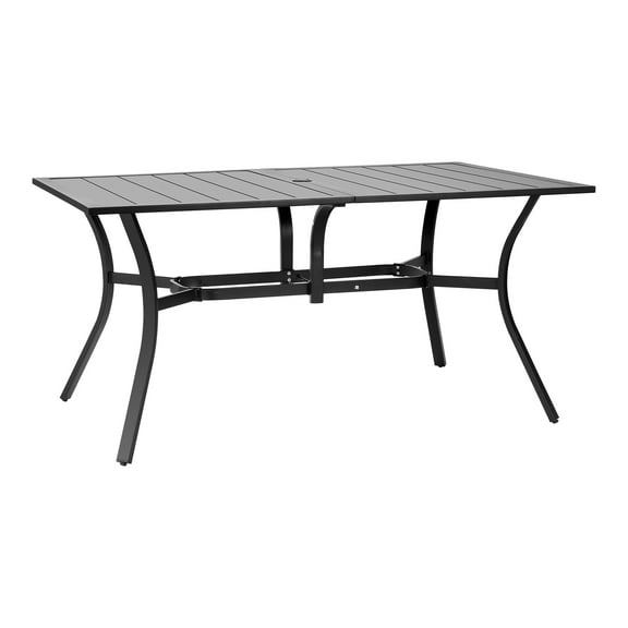 KFFKFF Outdoor Patio Dining Table, 59-inch Rectangular Metal Steel Slat Design for 4-6 People, Featuring 1.5-inch Umbrella Hole, Durable Furniture for Lawn, Garden, Porch, and Backyard, Black
